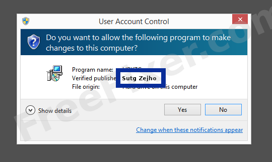 Screenshot where Sutg Zejho appears as the verified publisher in the UAC dialog